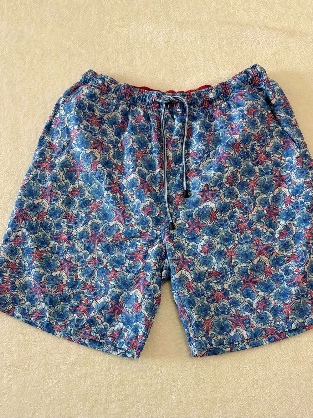 Peter Millar Blue and Pink Starfish Print Swim Trunks
